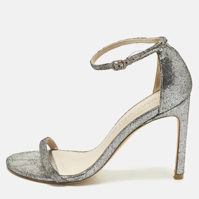 Pre-owned Stuart Weitzman Nudistsong Size 37 Silver Texture Suede Ankle Strap Sandals