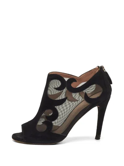 Pre-owned Stuart Weitzman Open-toe Mesh Ankle Boots In Black