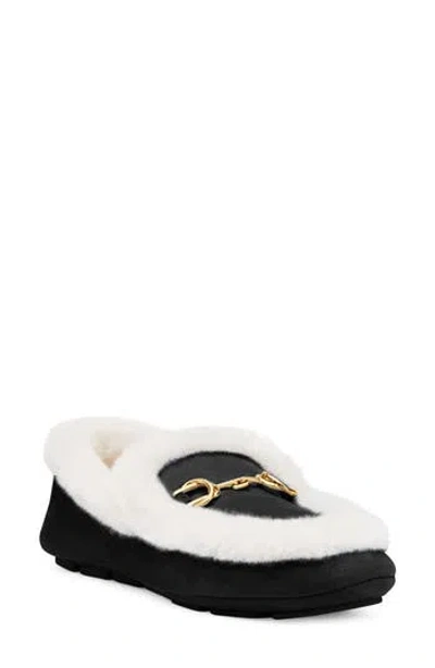 Stuart Weitzman Owen Buckle Cozy Genuine Shearling Lined Slipper In Black/cream