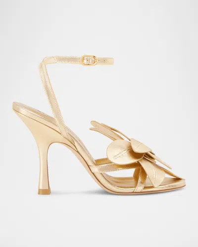 Stuart Weitzman Paradise 100 Flower Metallic Leather Stiletto Sandals In Golden