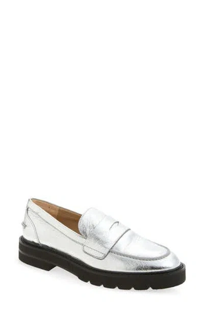 Stuart Weitzman Parker Lift Lug Sole Penny Loafer In Silver