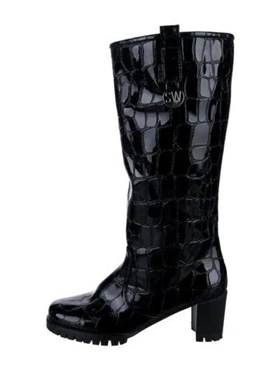 Pre-owned Stuart Weitzman Patent Leather Animal Print Boots In Black