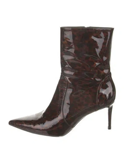 Pre-owned Stuart Weitzman Patent Leather Animal Print Boots In Brown