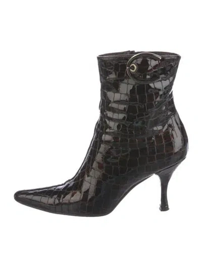 Pre-owned Stuart Weitzman Patent Leather Animal Print Boots In Brown