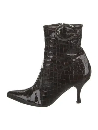 Pre-owned Stuart Weitzman Patent Leather Animal Print Boots In Brown