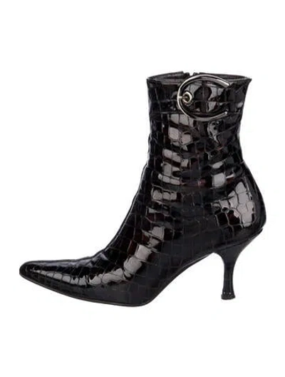 Pre-owned Stuart Weitzman Patent Leather Animal Print Boots In Brown