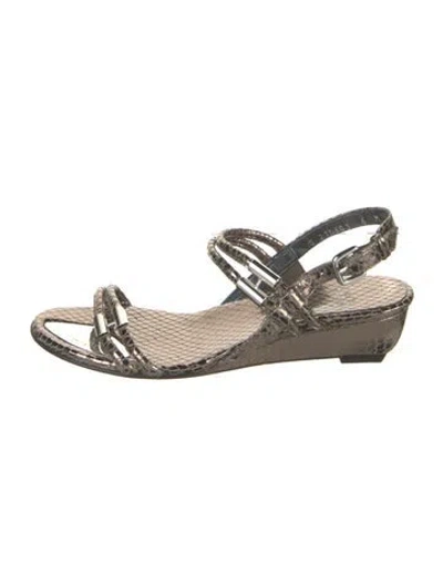 Pre-owned Stuart Weitzman Patent Leather Animal Print Slingback Sandals In Silver