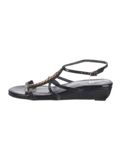 Pre-owned Stuart Weitzman Patent Leather Chain-link Accents T-strap Sandals In Black
