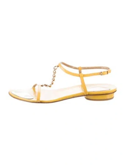 Pre-owned Stuart Weitzman Patent Leather Chain-link Accents T-strap Sandals In Yellow
