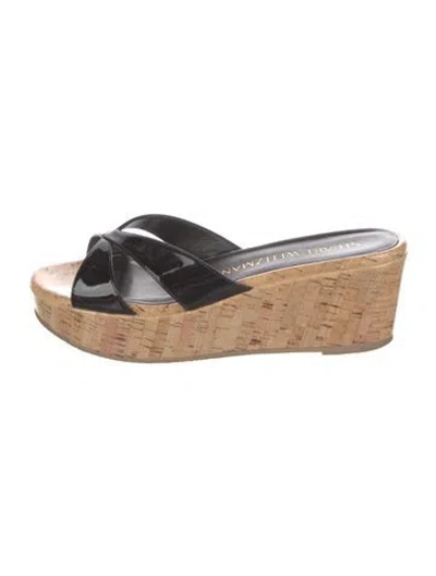Pre-owned Stuart Weitzman Patent Leather Colorblock Pattern Slingback Sandals In Black