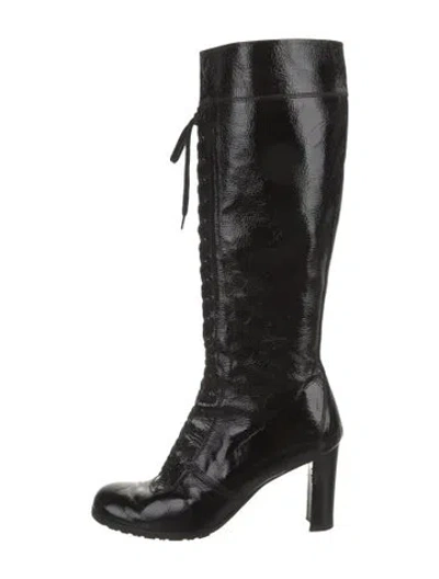 Pre-owned Stuart Weitzman Patent Leather Lace-up Boots In Black