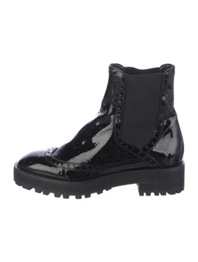 Pre-owned Stuart Weitzman Patent Leather Lasercut Accents Chelsea Boots In Black