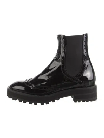 Pre-owned Stuart Weitzman Patent Leather Lasercut Accents Chelsea Boots In Black