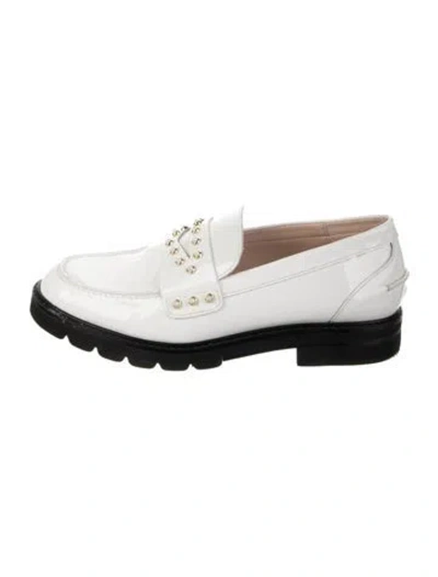 Pre-owned Stuart Weitzman Patent Leather Studded Accents Loafers In White