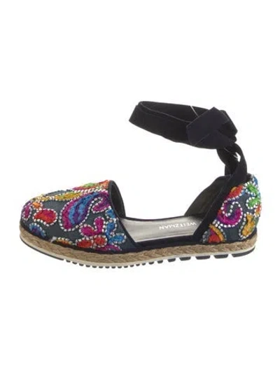 Pre-owned Stuart Weitzman Patterned Embroidered Accent D'orsay Flats In Blue