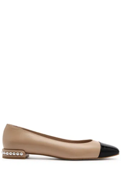 Stuart Weitzman Pearl-embellished Leather Ballet Flats In Beige