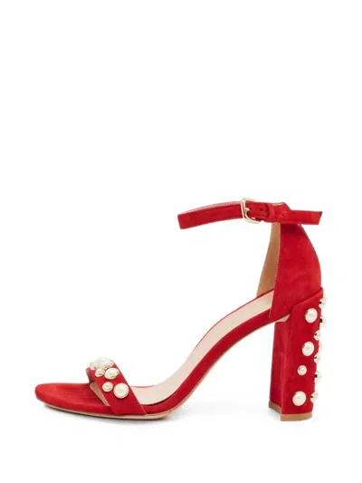 Pre-owned Stuart Weitzman Pearl-embellished Block-heel Sandals In Red