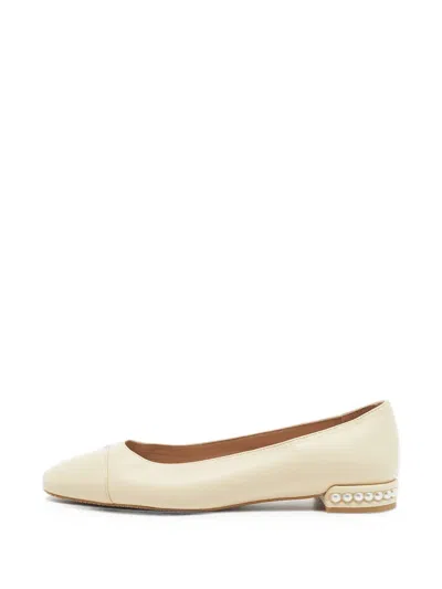 Pre-owned Stuart Weitzman Pearl-embellished Leather Ballet Flats In White