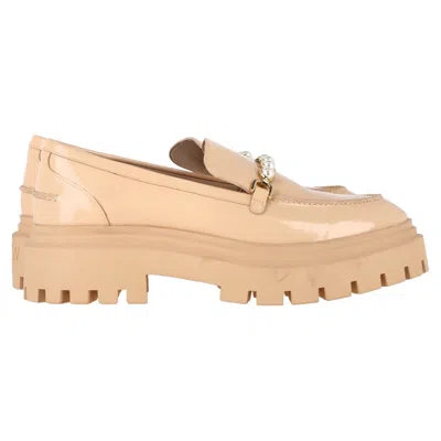 Stuart Weitzman Perla Embellished Platform Loafers In Beige Patent Leather In Neutral
