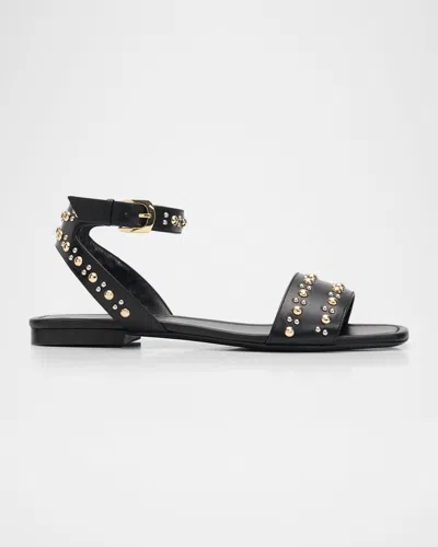Stuart Weitzman Perry Embellished Leather Flat Sandals In Black