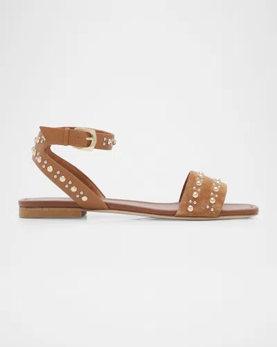 Stuart Weitzman Perry Embellished Mixed Leather Flat Sandals In Brown