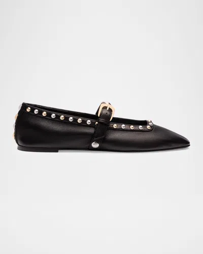 Stuart Weitzman Perry Studded Leather Mary Jane Ballerina Flats In Black