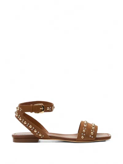 Stuart Weitzman Perry Embellished Mixed Leather Flat Sandals In Brown