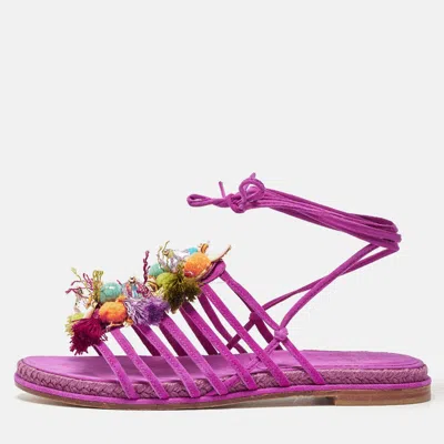 Stuart Weitzman Pink Suede Embellished Lace Up Slide Flats In Purple