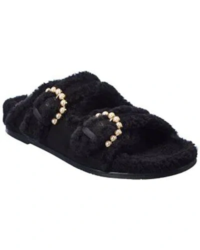 Pre-owned Stuart Weitzman Piper Chill Suede & Shearling Slide Women's Black 7