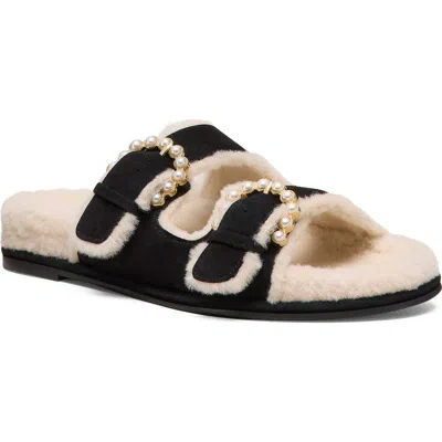 Stuart Weitzman Piper Genuine Shearling Slide Sandal In Black