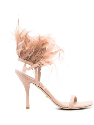 STUART WEITZMAN PLUME 100 FEATHER-TRIMMED SANDALS
