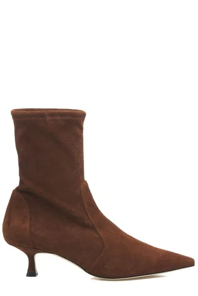 Stuart Weitzman Omens Tan Naomi 50 Pointed-toe Suede Ankle Boots In Brown
