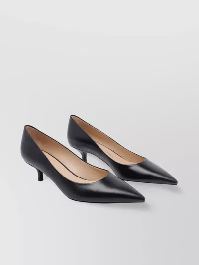 Stuart Weitzman Pointed Toe Leather Kitten Heel Pumps In Black