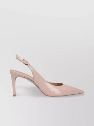 Stuart Weitzman Pointed Toe Patent Finish Buckle Detail Pumps In Beige