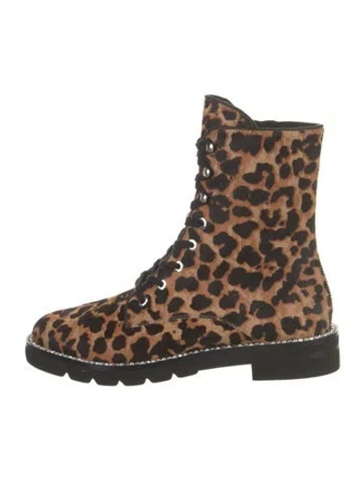 Pre-owned Stuart Weitzman Ponyhair Animal Print Combat Boots In Brown