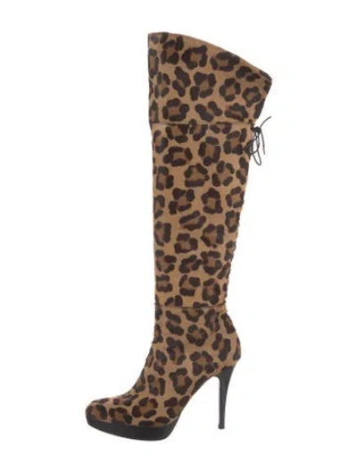 Pre-owned Stuart Weitzman Ponyhair Animal Print Lace-up Boots In Brown