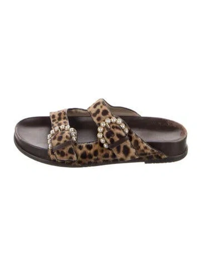 Pre-owned Stuart Weitzman Ponyhair Animal Print Slides In Brown