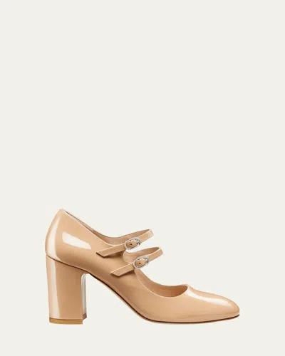 Stuart Weitzman Posh Patent Leather Mary Jane Ballerina Pumps In Adobe