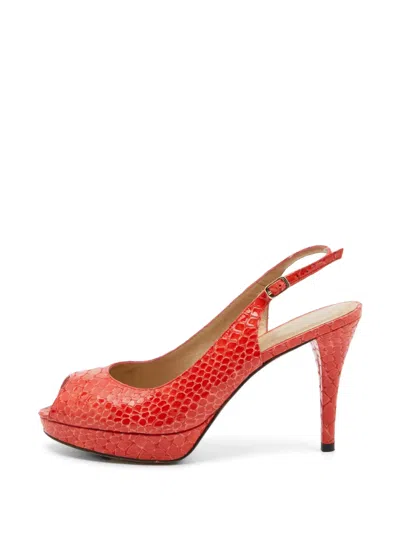 Pre-owned Stuart Weitzman Python-embossed Slingback Pumps In Red