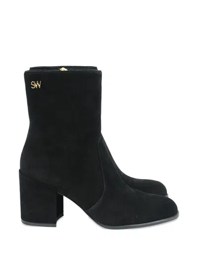 Pre-owned Stuart Weitzman Quinn Block Heel Ankle Boots In Black
