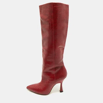 Pre-owned Stuart Weitzman Red Croc Embossed Leather Parton Knee Length Boots Size 40