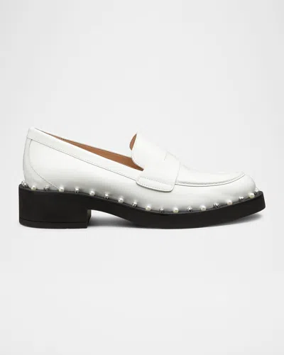 Stuart Weitzman Reverie Leather Pearly Accent Loafers In White