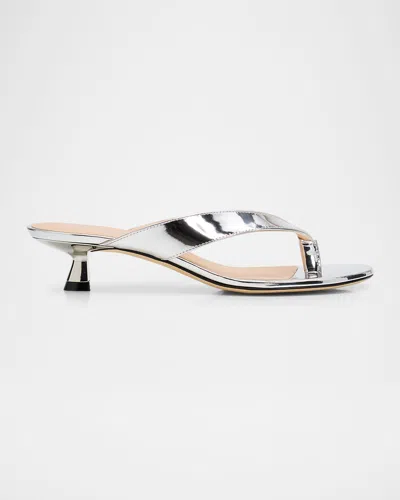Stuart Weitzman Rio Metallic Leather Kitten-heel Thong Sandals In Silver