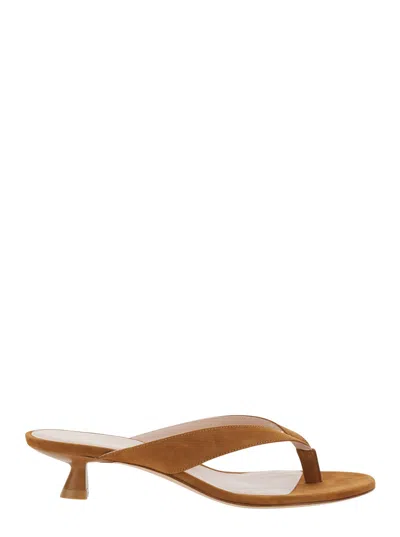 Stuart Weitzman Rio Leather Kitten-heel Thong Sandals In Brown
