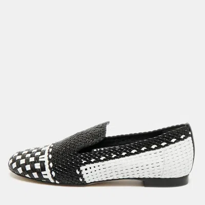 Pre-owned Stuart Weitzman Riviera Size 36 Black/white Woven Leather Smoking Slippers