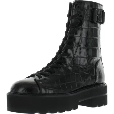 STUART WEITZMAN RYDER WOMENS LEATHER CROC-EMBOSSED COMBAT & LACE-UP BOOTS