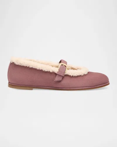 Stuart Weitzman Sai Shearling-lined Suede Mary Jane Ballerina Flats In Brown
