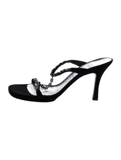 Pre-owned Stuart Weitzman Satin Crystal Embellishments Slides In Black