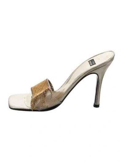 Pre-owned Stuart Weitzman Satin Crystal Embellishments Slides In Gold/silver