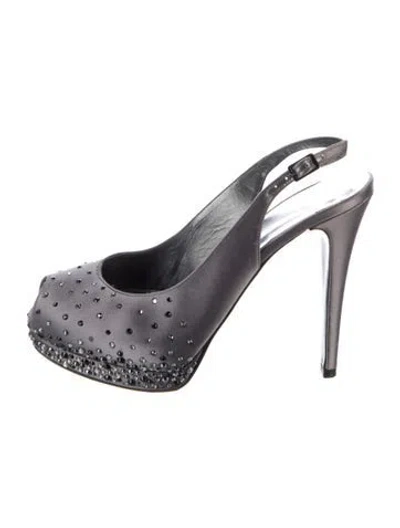 Pre-owned Stuart Weitzman Satin Crystal Embellishments Slingback Pumps In Gray